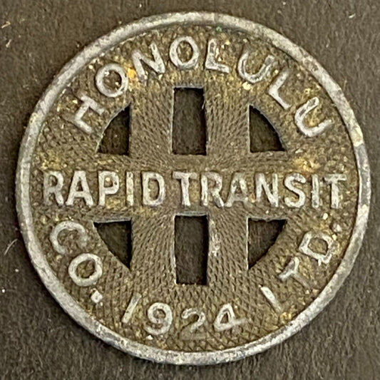 Honolulu Rapid Transit 1924 G/F One Full Fare Transit Token 16mm Zinc (#9)