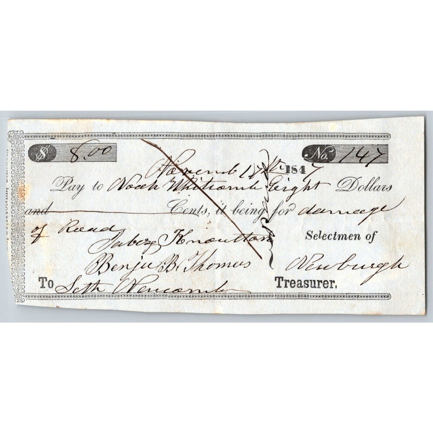 1847 Jabez Knowlton* Newburgh ME Check to Noah Whit____?