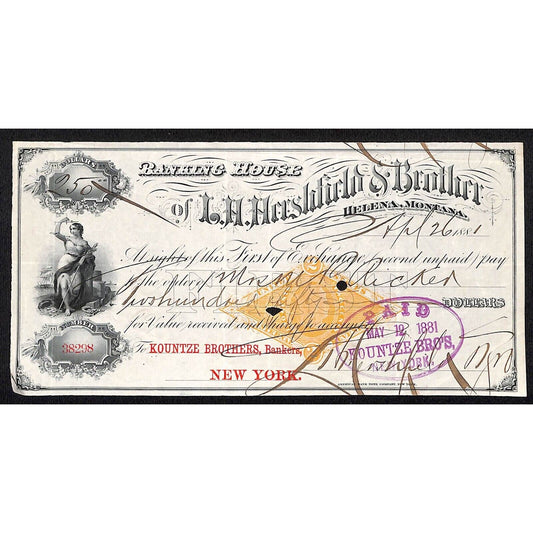 L.H. Hershfield & Brother Helena, MT / Kountze Brothers 1881 Bank Check Rev.