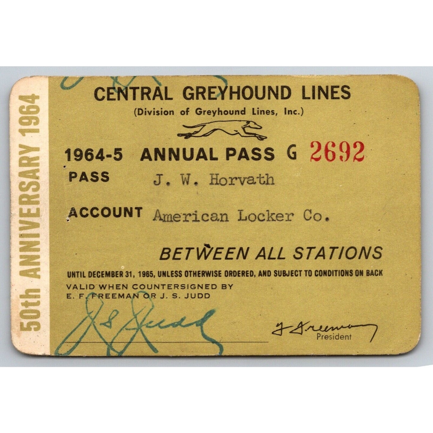 Central Greyhound Lines 1964-65 50th Anniversary Annual / Yearly Bus Pass #7213