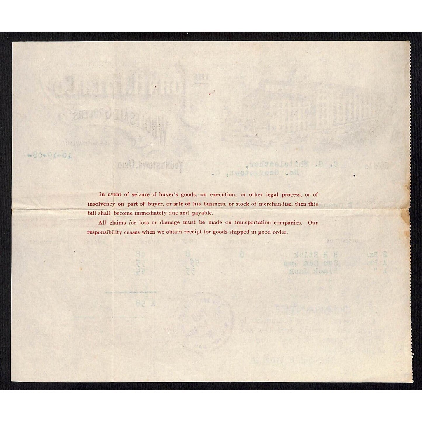 John H. Fitch Co. Youngstown, OH 1908 Billhead Whiteleather* N. Georgetown, OH