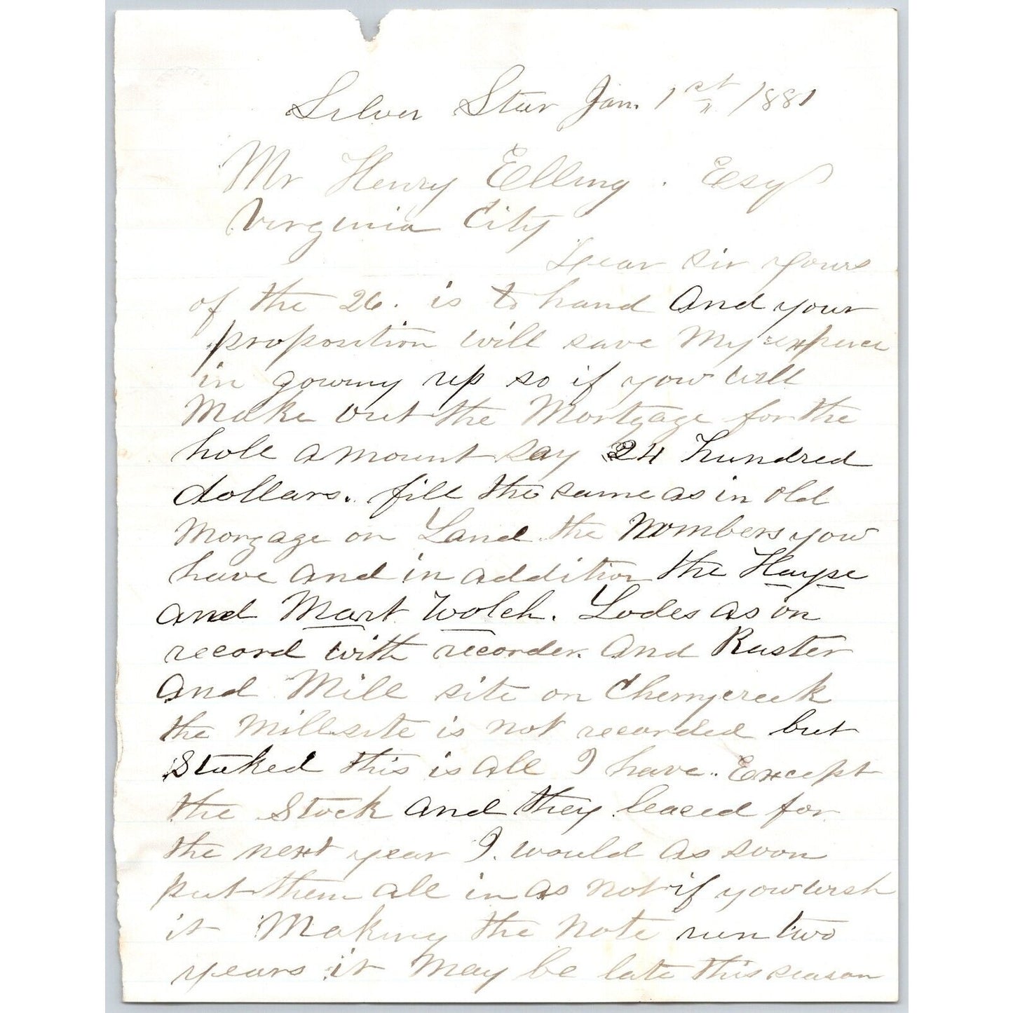 1881 ALS to Henry Elling* Virginia City, MT re: Mortgage, Livestock & Mining?