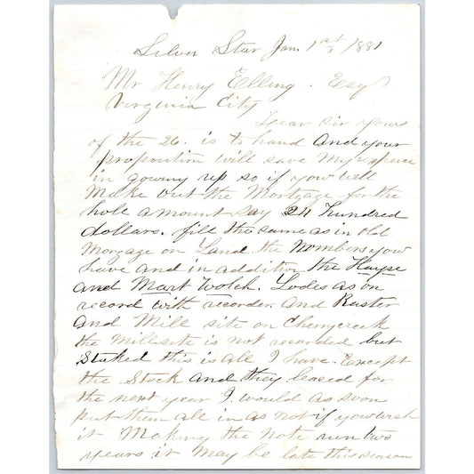 1881 ALS to Henry Elling* Virginia City, MT re: Mortgage, Livestock & Mining?