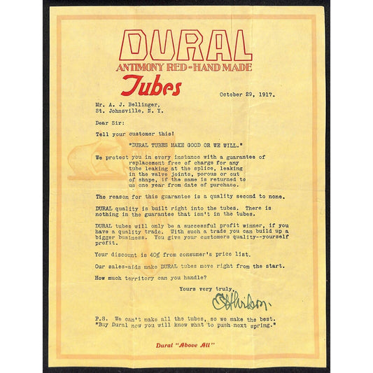 Dural Tubes (Flemington, NJ Rubber Co) Automotive Tire 1917 Letterhead