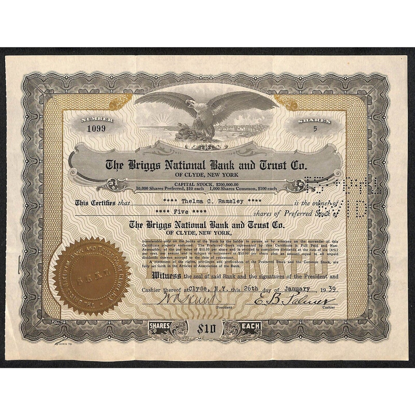 Briggs National Bank and Trust Clyde NY 1939 Stock Certificate Thelma C. Ramsley