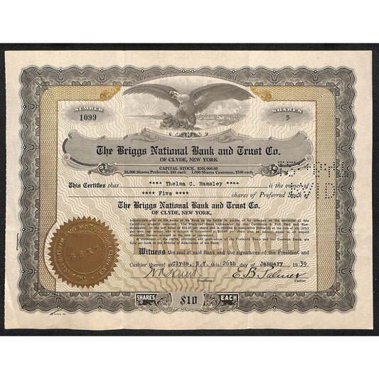 Briggs National Bank and Trust Clyde NY 1939 Stock Certificate Thelma C. Ramsley