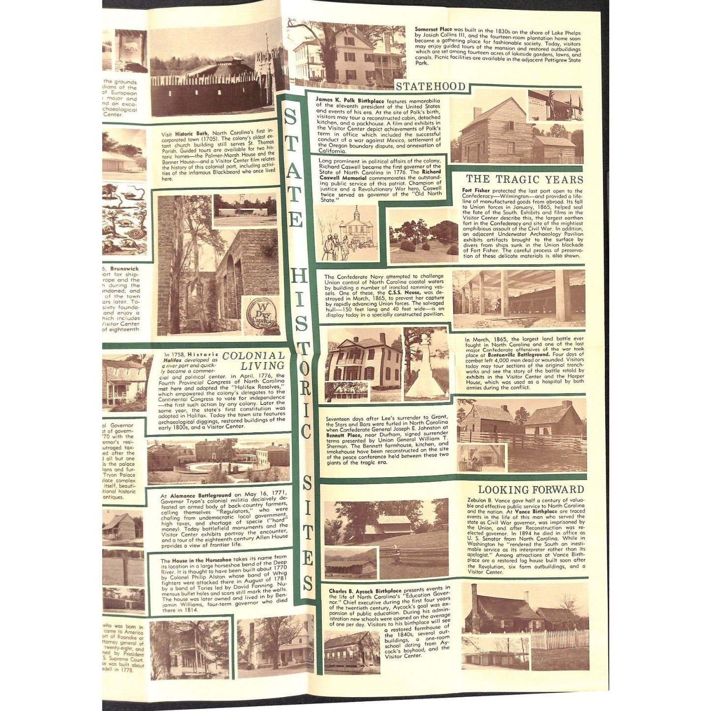 North Carolina Historic Sites c1970 Fold-Out Travel Brochure 15" x 18" VGC