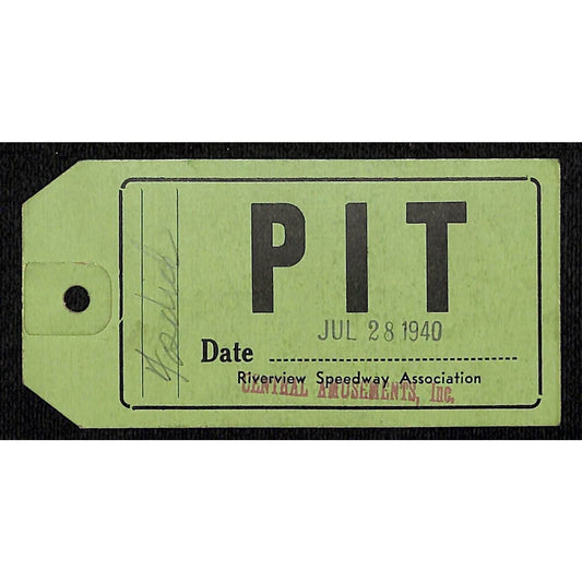 1940 Riverview Speedway Association July 28 Pit Pass - Very Scarce