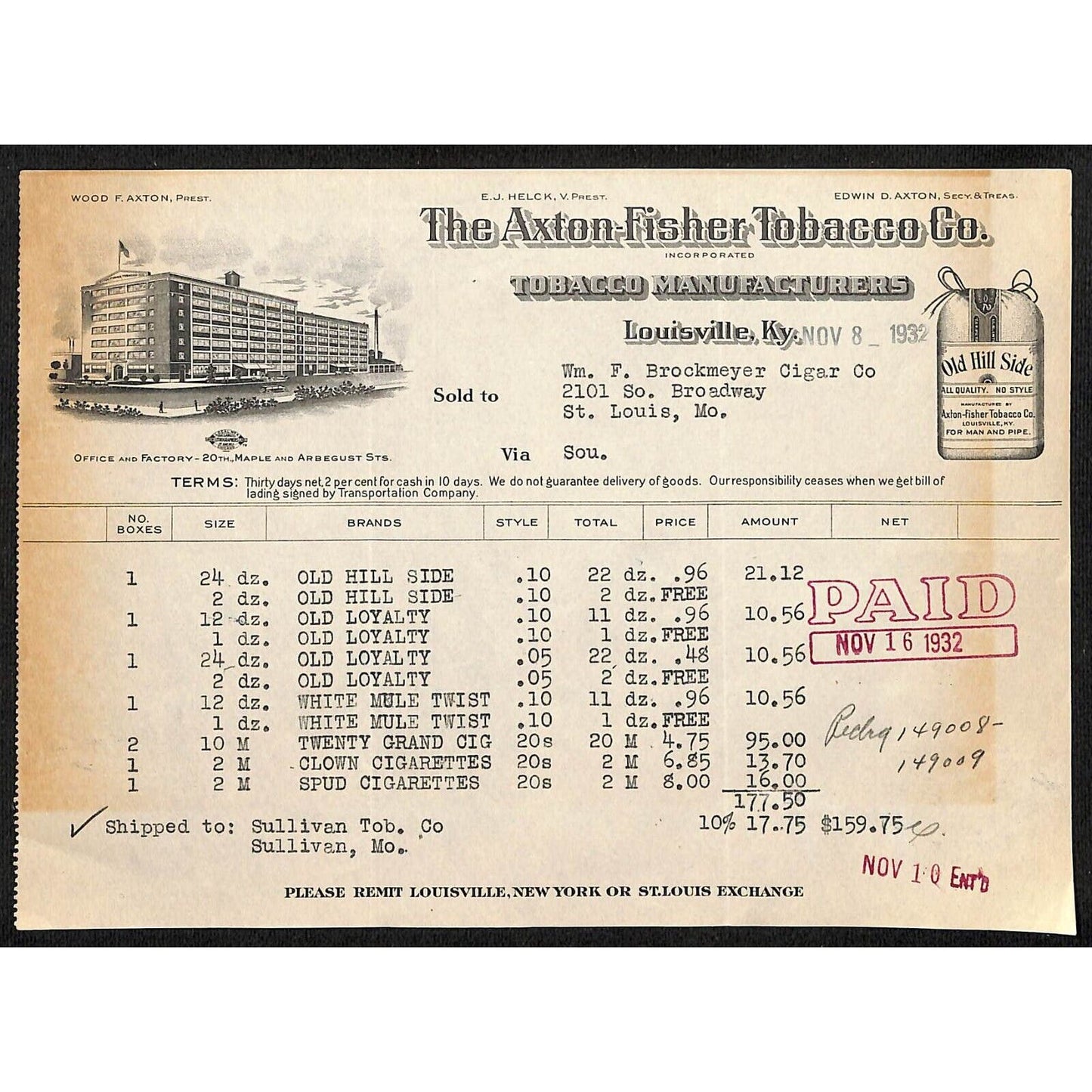 Louisville, KY The Axton-Fisher Tobacco Co. "Old Hill Side" 11/8 1932 Billhead