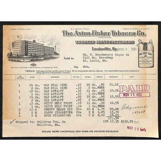 Louisville, KY The Axton-Fisher Tobacco Co. "Old Hill Side" 11/8 1932 Billhead