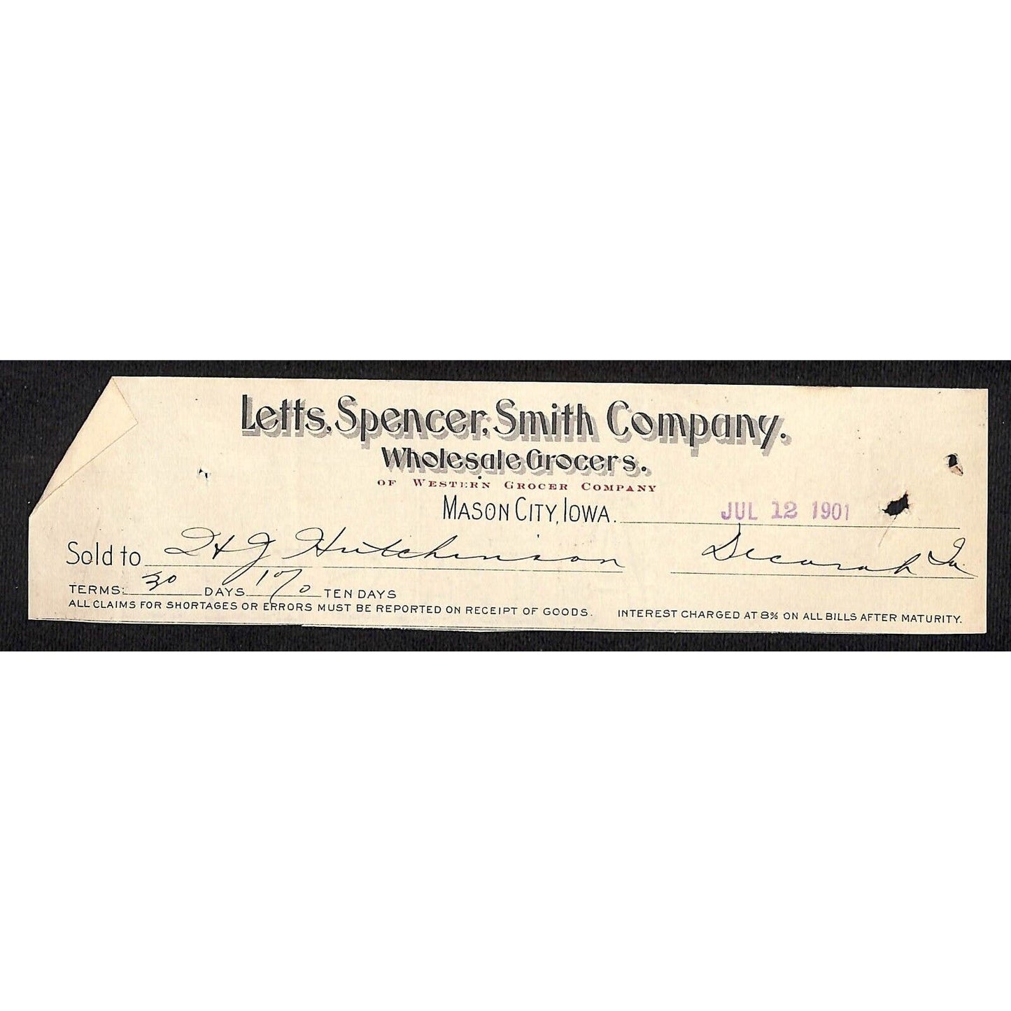 Letts, Spencer, Smith Co. Mason City IA - Hutchinson* 1901 Cut Billhead
