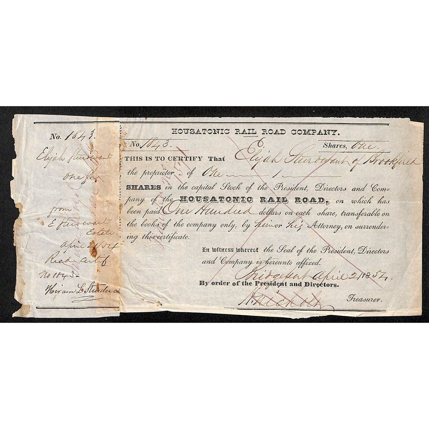 Housatonic Rail Road (CT) 1854 Stock Certificate Elyah ??? of Brookfield #1843