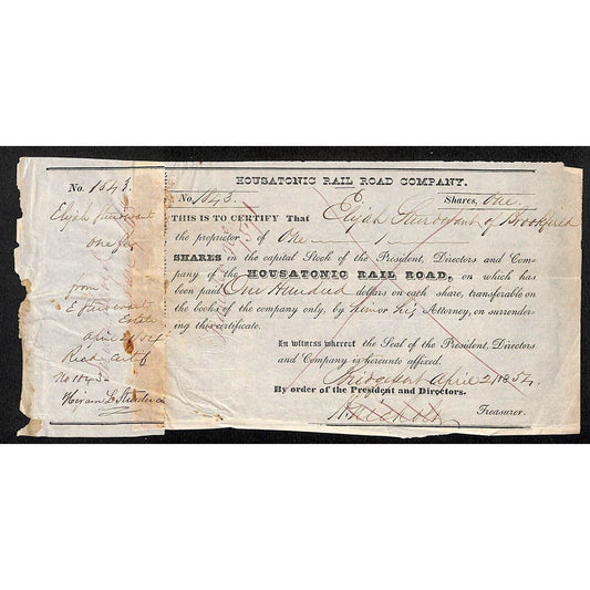 Housatonic Rail Road (CT) 1854 Stock Certificate Elyah ??? of Brookfield #1843
