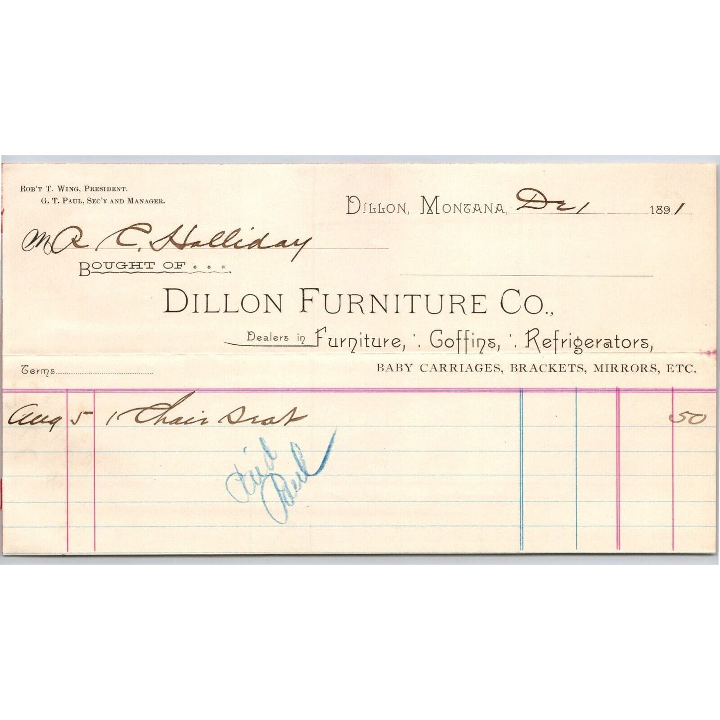 Dillon MT Dillon Furniture Co. 1891 Coffins Refrigerator Billhead R.C. Halliday*