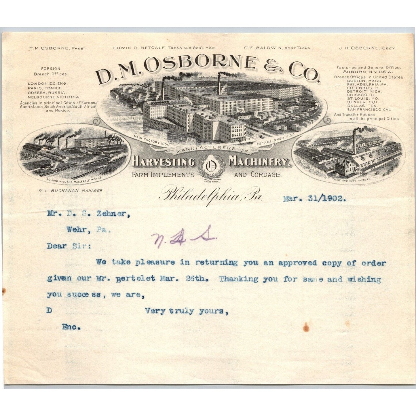 D.M. Osborne & Co. (IH*) Harvesting Machinery Phila. 3/31 1902 Letterhead