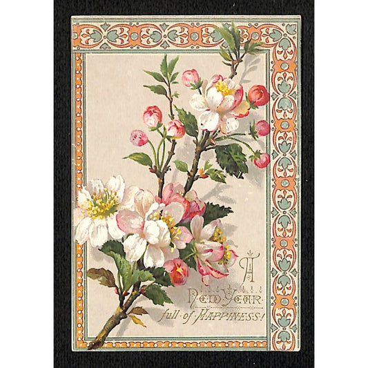 "A New Year Full of Happiness" Victorian Greeting Card Floral 2 1/2" x 3 3/4"