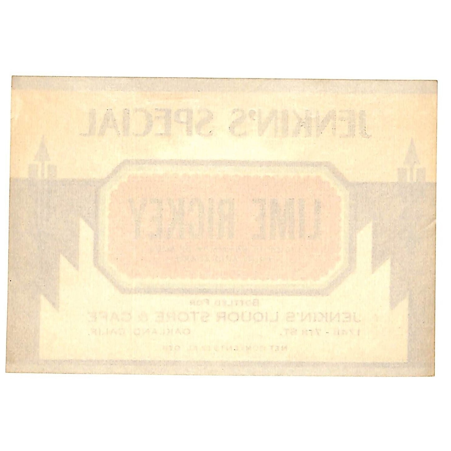 Jenkin's Lime Rickey Soda Label Liquor Store & Cafe Oakland c1935 Scarce