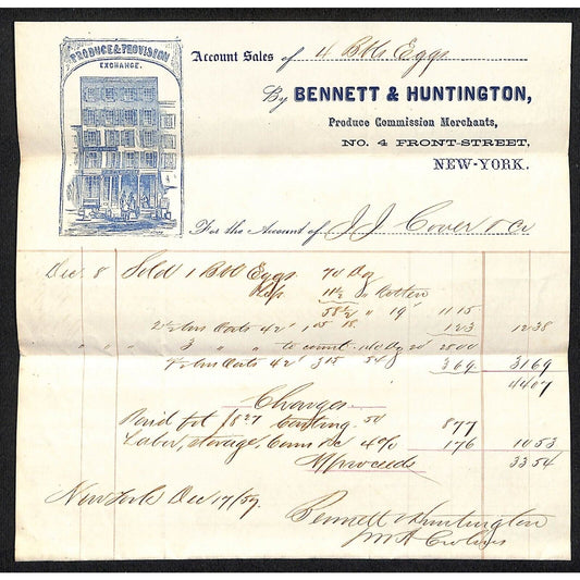 Bennett & Huntington NYC 1857 J.J. Cover, Johnsville, OH Dec. Statement Billhead
