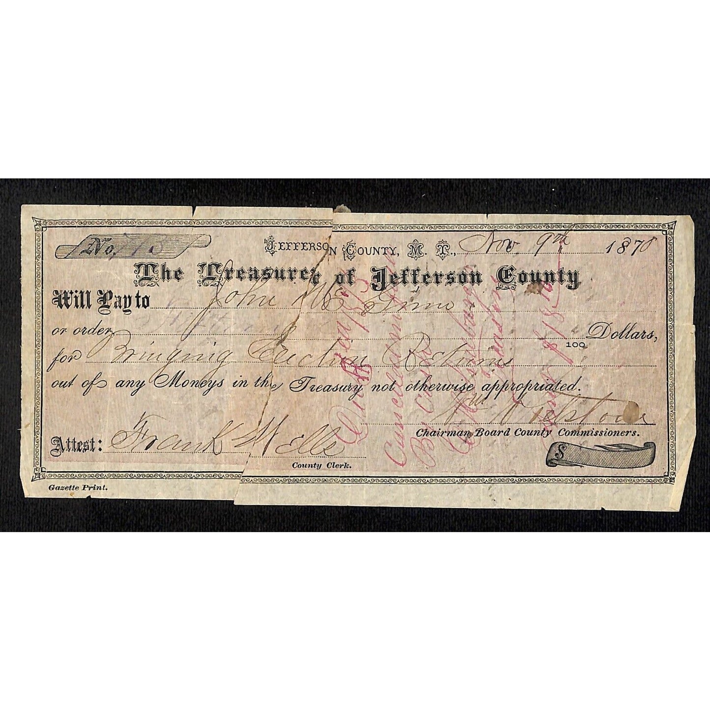 1870 Treasurer of Jefferson County Montana Territory Treasury Draft w/ Repair