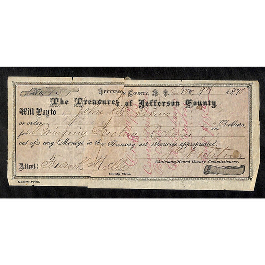 1870 Treasurer of Jefferson County Montana Territory Treasury Draft w/ Repair
