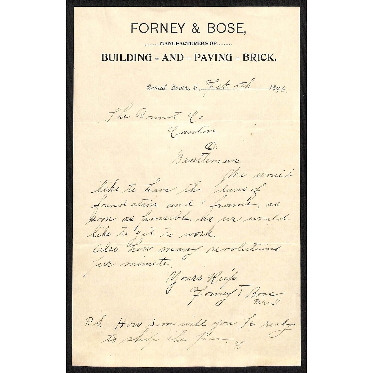 Forney & Bose Building and Paving Brick 1896 Canal Dover, OH Letterhead