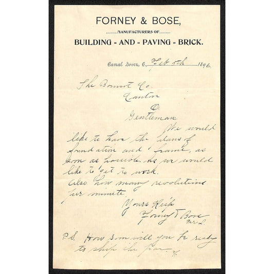 Forney & Bose Building and Paving Brick 1896 Canal Dover, OH Letterhead