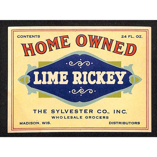 Home Owned Lime Rickey Paper Label Sylvester Co Madison, WI c1930's-40's
