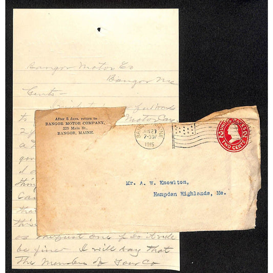 Bangor Motor Company Maine 1915 Letter from A.W. Knowlton* & Cover