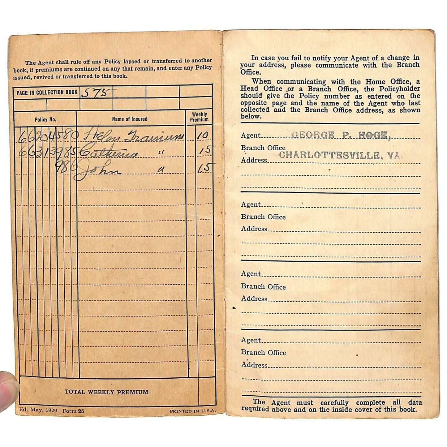 Metropolitan Life Ins. Weekly Premium Receipt Book 12pp 1929