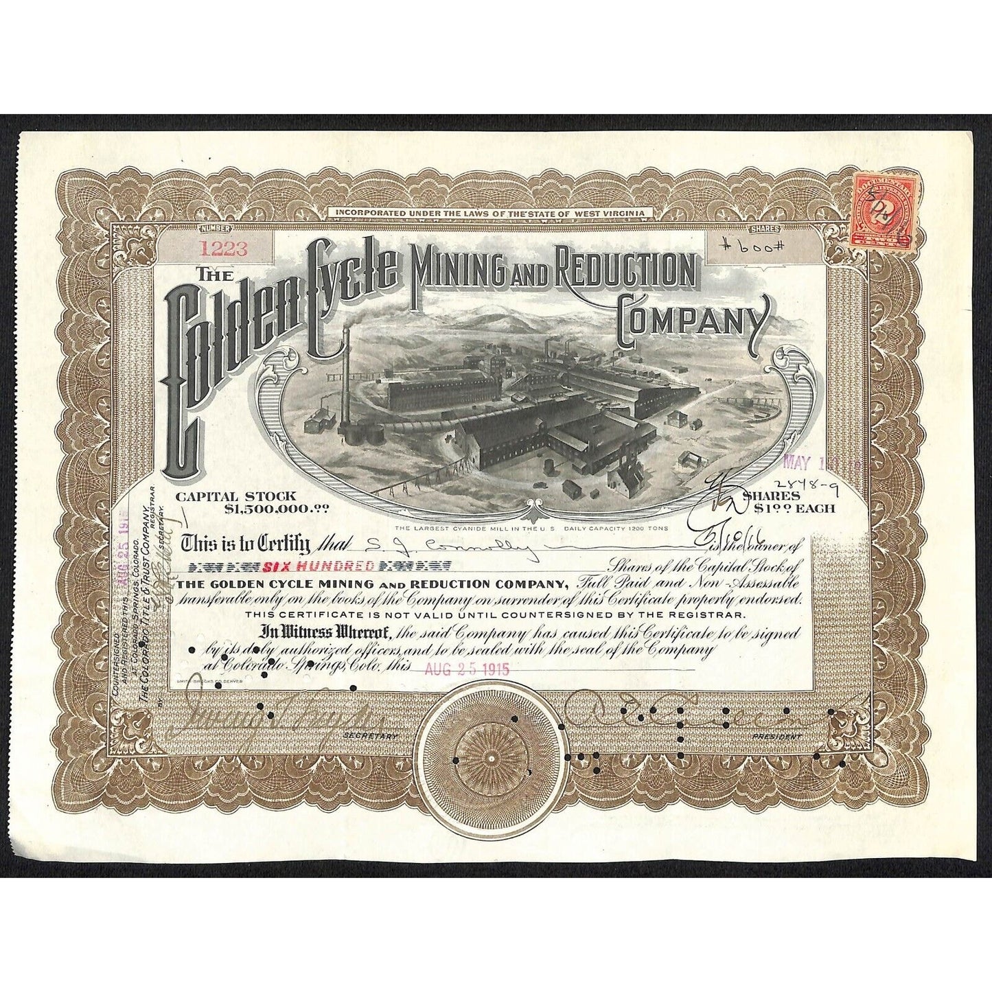 Golden Cycle Mining 1915 Stock Certificate w/ A.E. Carlton Sig. #1223