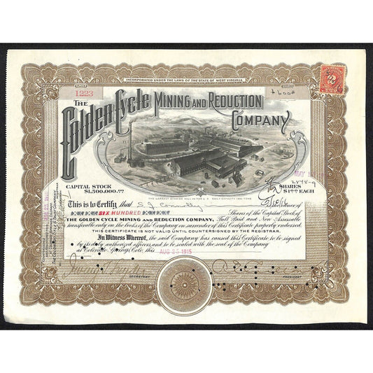 Golden Cycle Mining 1915 Stock Certificate w/ A.E. Carlton Sig. #1223