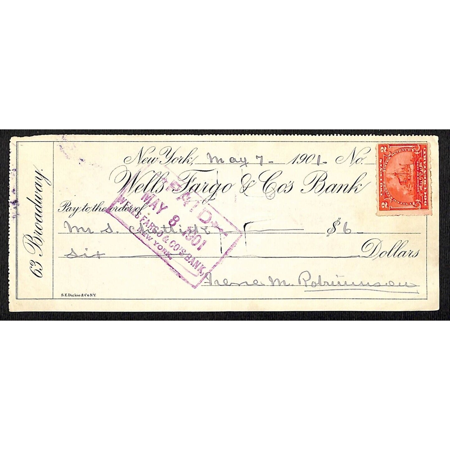 1901 Wells Fargo & Co Bank 63 Broadway NYC Check w/ Rev Stamp - S. Chittick
