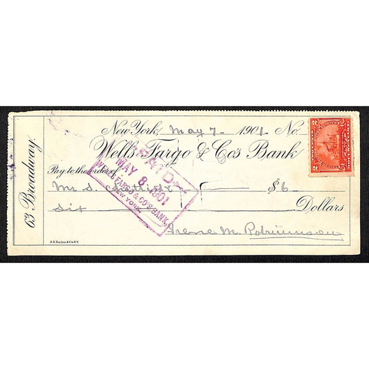 1901 Wells Fargo & Co Bank 63 Broadway NYC Check w/ Rev Stamp - S. Chittick