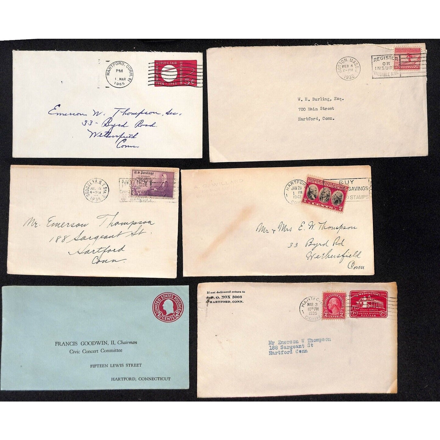 Group of 24 Mostly 1930's-1960's Covers to Emerson W. Thompson Weathersfield, CT