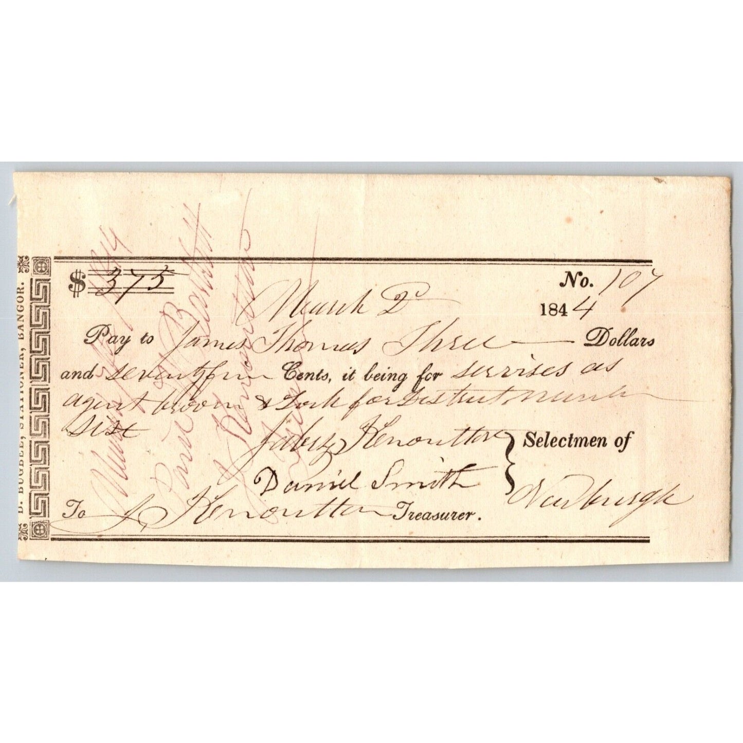 1844 Jabez Knowlton* Newburgh ME Town Check to James Thomas