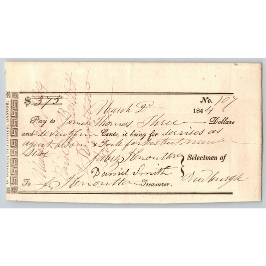 1844 Jabez Knowlton* Newburgh ME Town Check to James Thomas