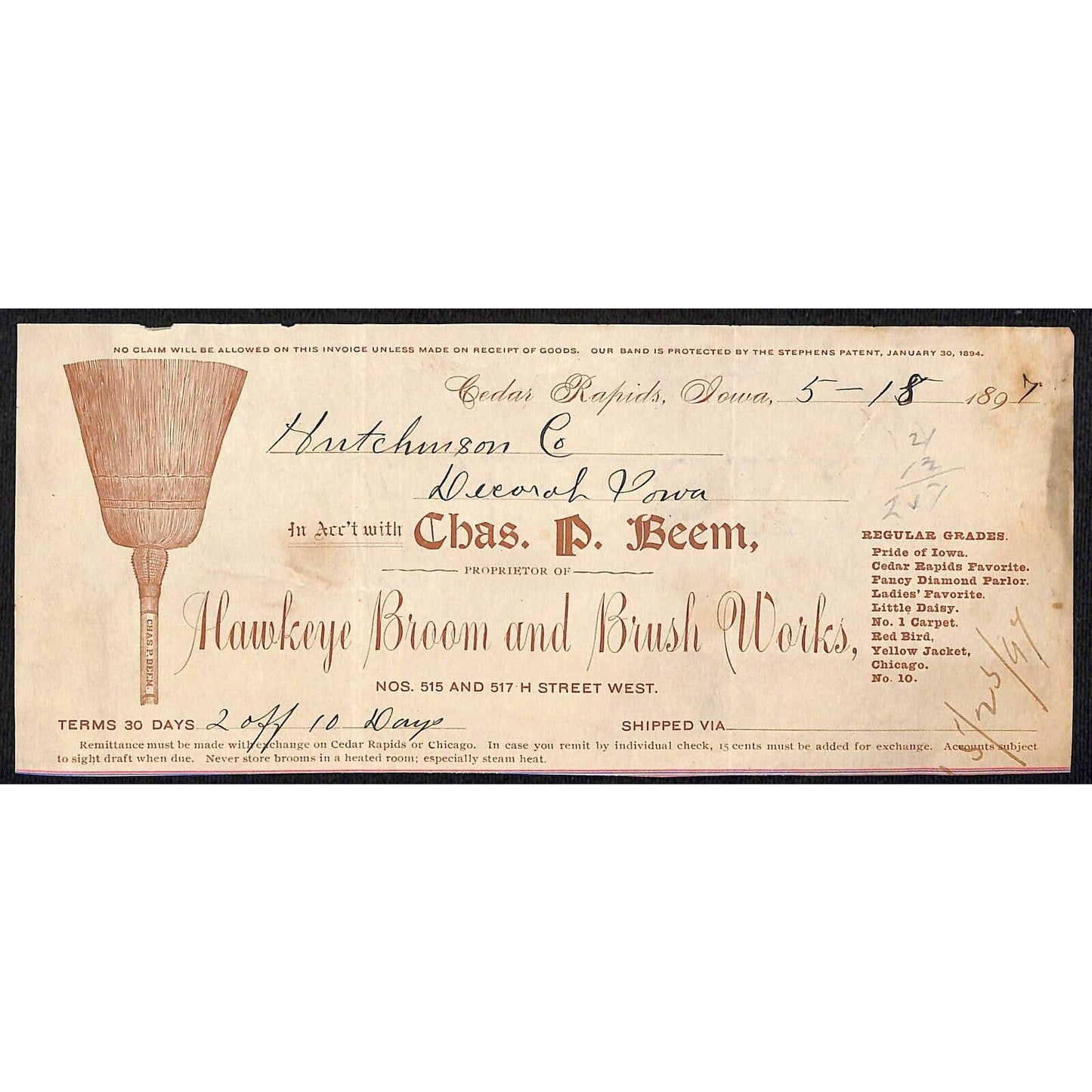 Hawkeye Broom and Brush Works HJ Hutchinson Decorah IA* Cut 1897 Billhead