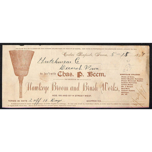 Hawkeye Broom and Brush Works HJ Hutchinson Decorah IA* Cut 1897 Billhead