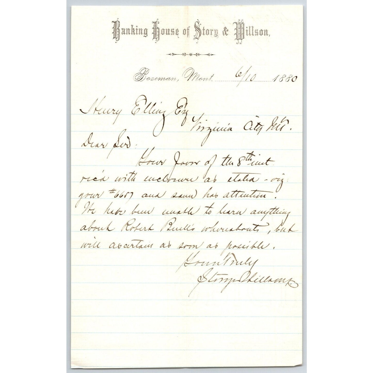Banking House of Story & Nelson Bozeman, MT 6/10 1880 Letterhead Henry Elling*