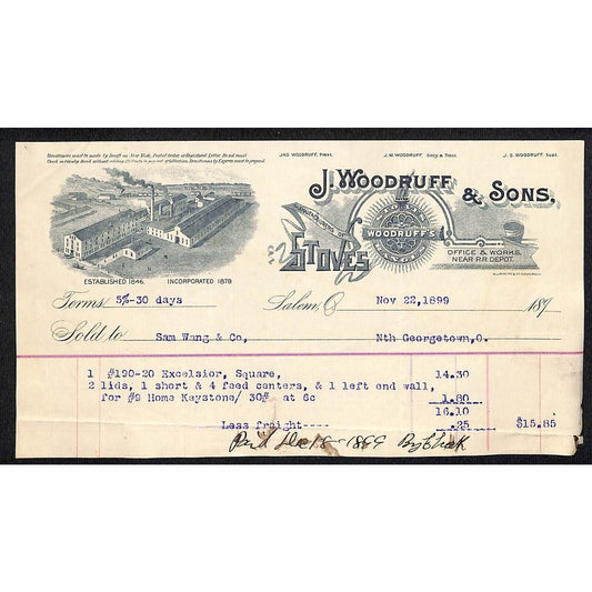 J. Woodruff & Sons Stoves Ranges 1899 Billhead Samuel Wang* N. Georgetown OH