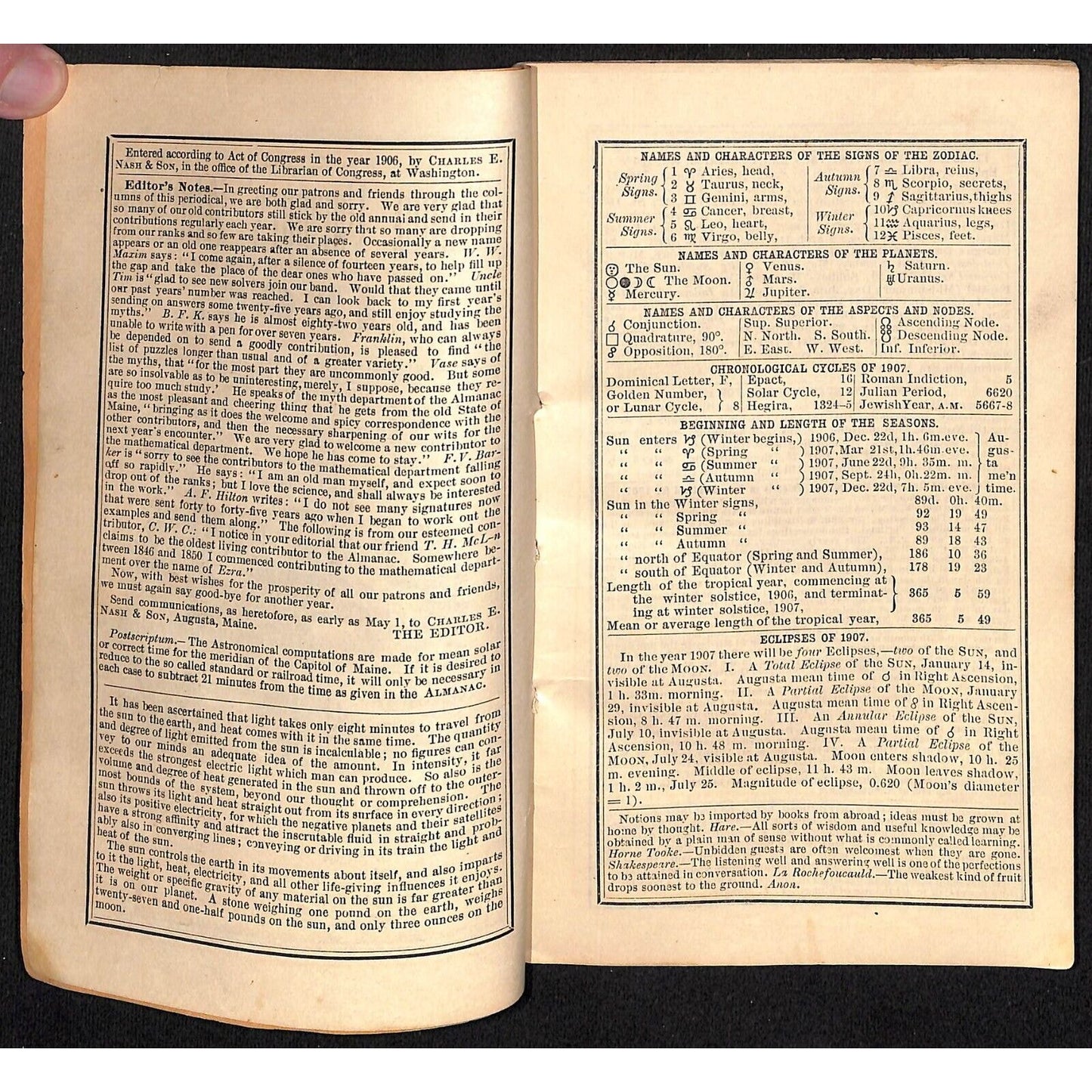 1907 Maine's Farmers Almanac Daniel Robinson Charles E Nash Augusta 48pp* Scarce