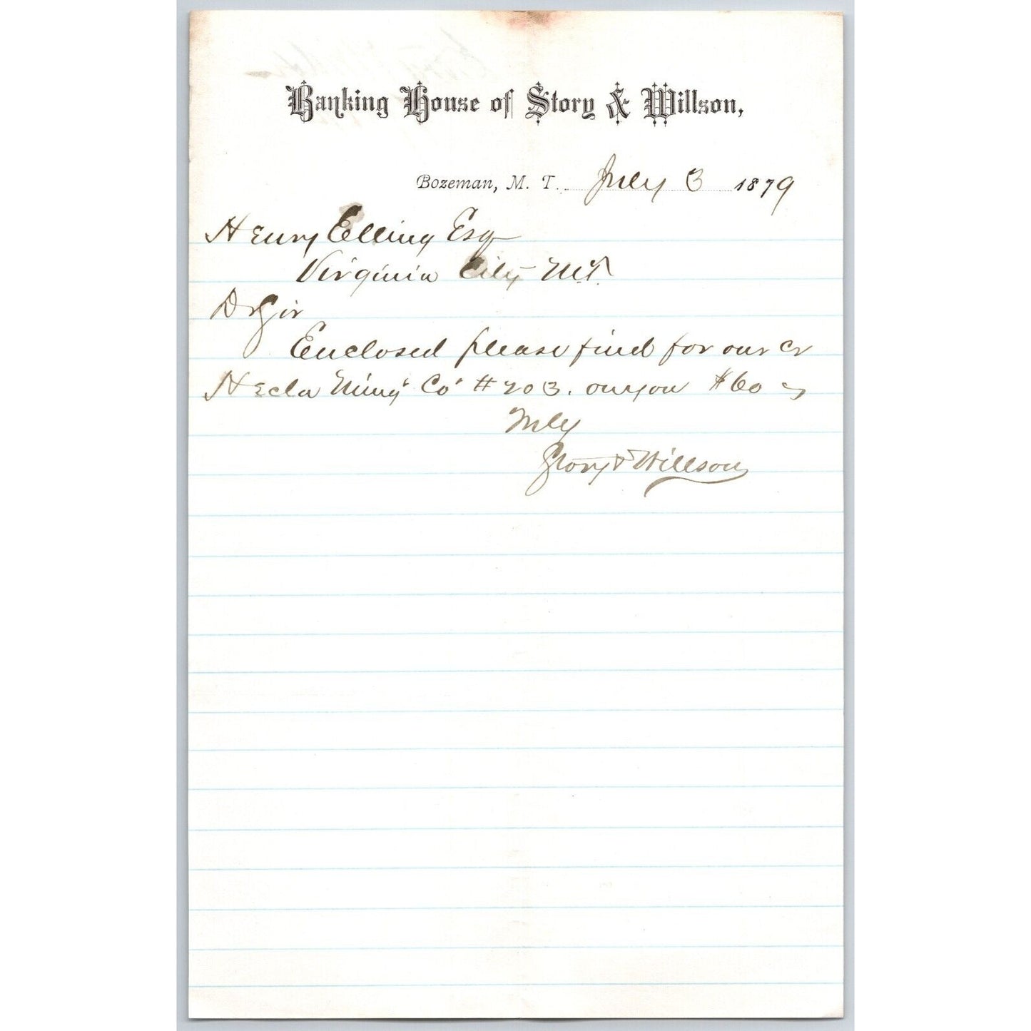 Banking House of Story & Nelson Bozeman, MT 7/3 1879 Letterhead - Henry Elling*