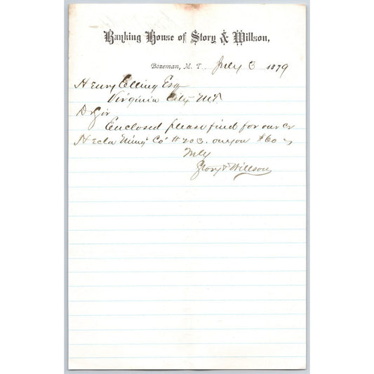Banking House of Story & Nelson Bozeman, MT 7/3 1879 Letterhead - Henry Elling*