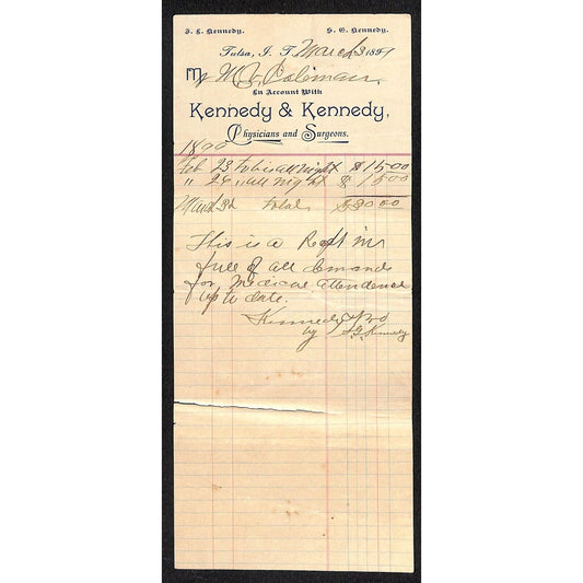 Kennedy & Kennedy Physicians Surgeons Tulsa Indian Territory 1899 Billhead
