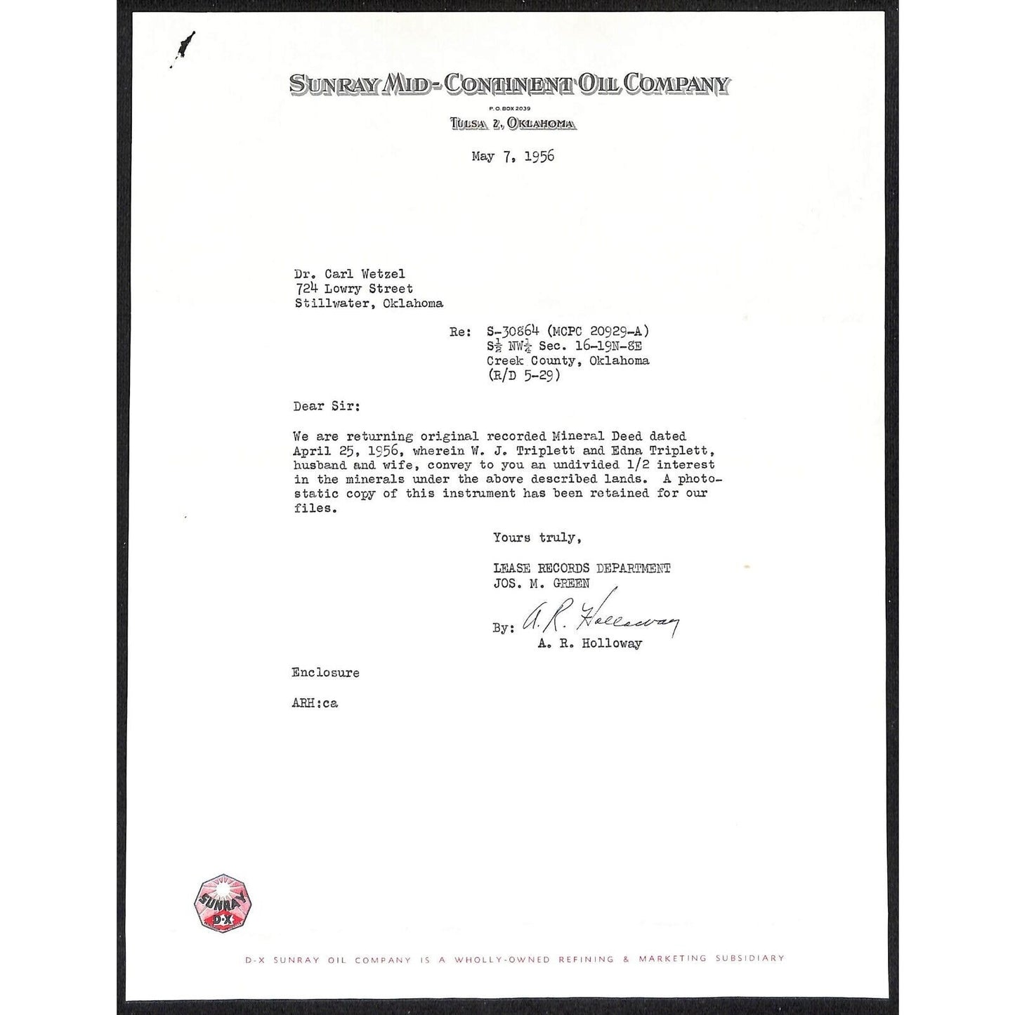 1956 Sunray Mid-Continent Oil Co. Tulsa, OK Letterhead re: Mineral Rights