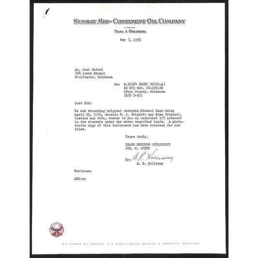 1956 Sunray Mid-Continent Oil Co. Tulsa, OK Letterhead re: Mineral Rights