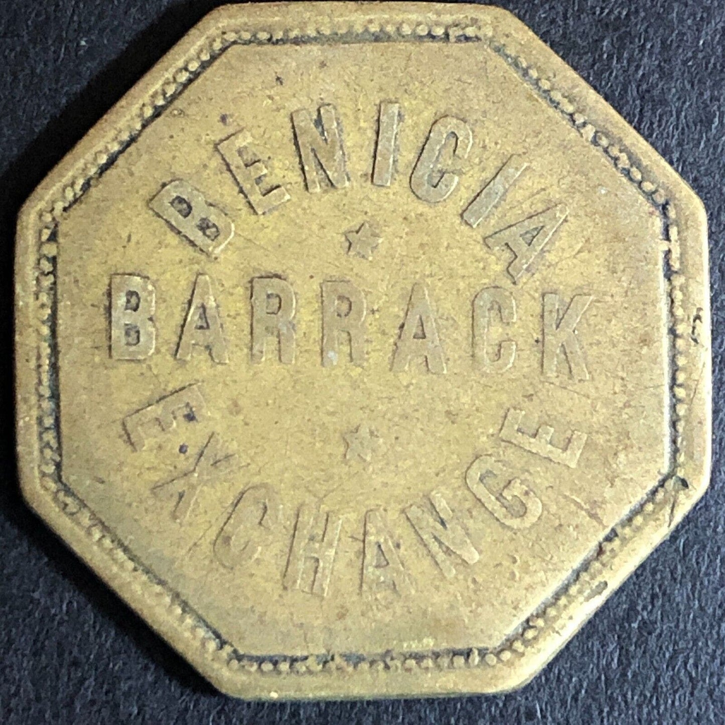Benicia Barrack Exchange* Military G/F 5¢ Hex Trade Token Scarce 26mm c1890's
