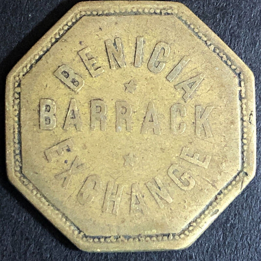 Benicia Barrack Exchange* Military G/F 5¢ Hex Trade Token Scarce 26mm c1890's