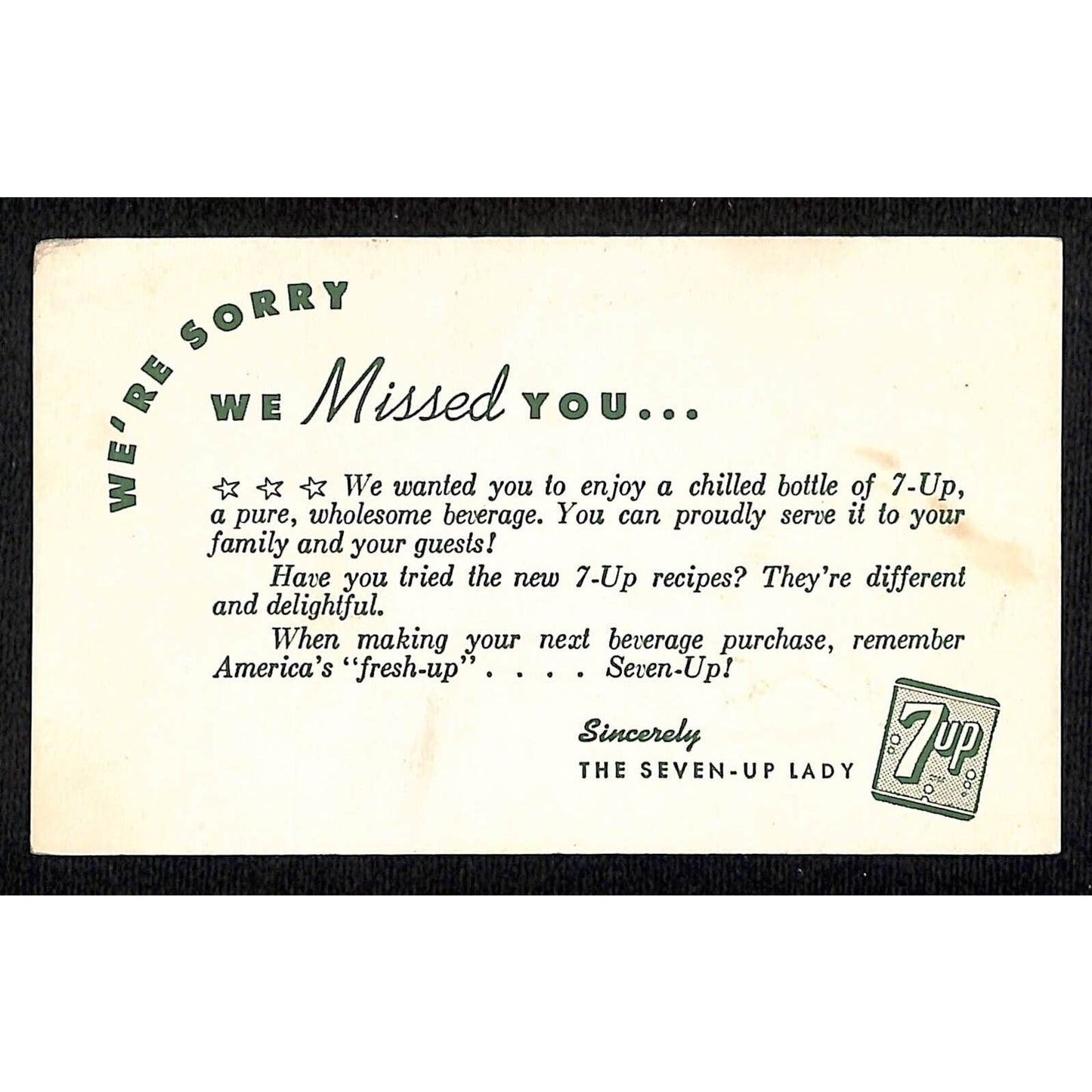 7 Up "We're Sorry We Missed You" Card c1950's