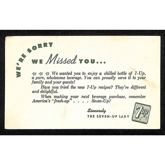 7 Up "We're Sorry We Missed You" Card c1950's